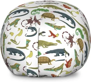 Lunarable Animal Print Storage Toy Bag Chair, Cartoon Pattern of Reptiles and Amphibians Snake Frog Lizard Gator Tortoise, Stuffed Animal Organizer Washable Bag, Large Size, White Yellow