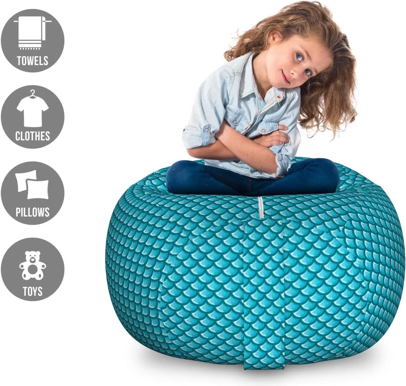 Lunarable Blue Storage Toy Bag Chair, River Fish Scales Pattern Mermaid Shells Ocean Life Nautical Inspiration, Stuffed Animal Organizer Washable Bag, Large Size, Blue White