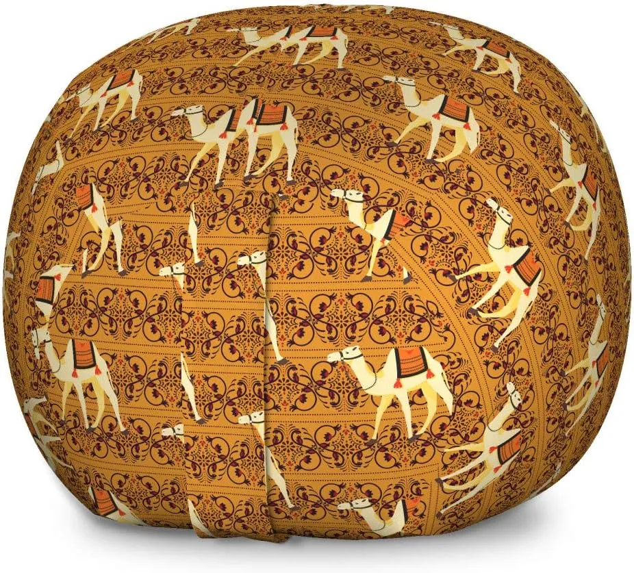 Lunarable Camel Storage Toy Bag Chair, Traditional Pattern with Strokes Desert Animal Repetition in Folk Accessories, Stuffed Animal Organizer Washable Bag, Large Size, Apricot Cream