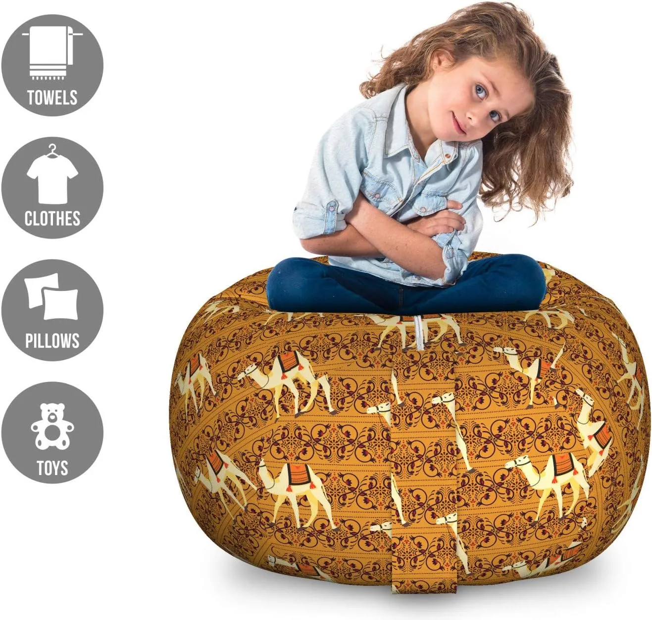 Lunarable Camel Storage Toy Bag Chair, Traditional Pattern with Strokes Desert Animal Repetition in Folk Accessories, Stuffed Animal Organizer Washable Bag, Large Size, Apricot Cream