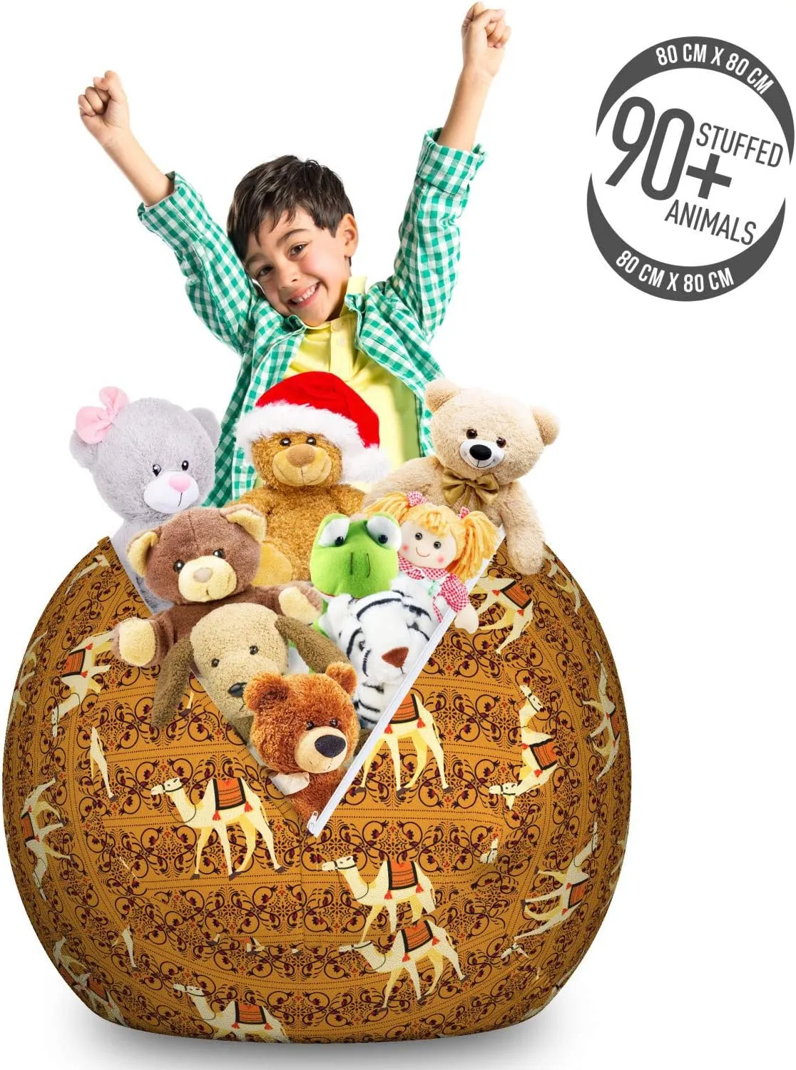Lunarable Camel Storage Toy Bag Chair, Traditional Pattern with Strokes Desert Animal Repetition in Folk Accessories, Stuffed Animal Organizer Washable Bag, Large Size, Apricot Cream