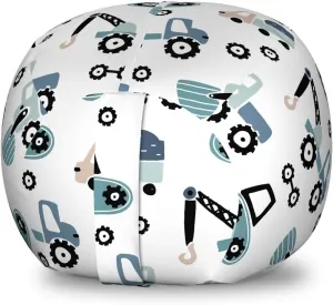Lunarable Cars Storage Toy Bag Chair, Design with Hand Drawn Vehicles as Tractors and Trucks Scandinavian Pattern, Stuffed Animal Organizer Washable Bag, Small Size, Multicolor