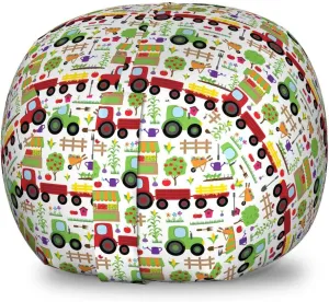 Lunarable Country Storage Toy Bag Chair, Gardening Farming Agriculture Rural Theme with Fence Tractor Tree Bird Vegetable, Stuffed Animal Organizer Washable Bag, Small Size, Green Red