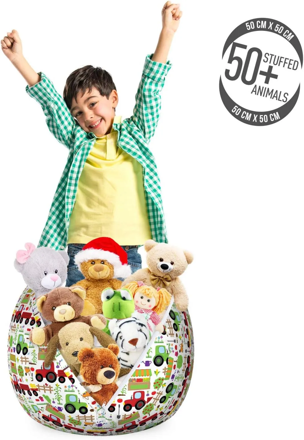 Lunarable Country Storage Toy Bag Chair, Gardening Farming Agriculture Rural Theme with Fence Tractor Tree Bird Vegetable, Stuffed Animal Organizer Washable Bag, Small Size, Green Red