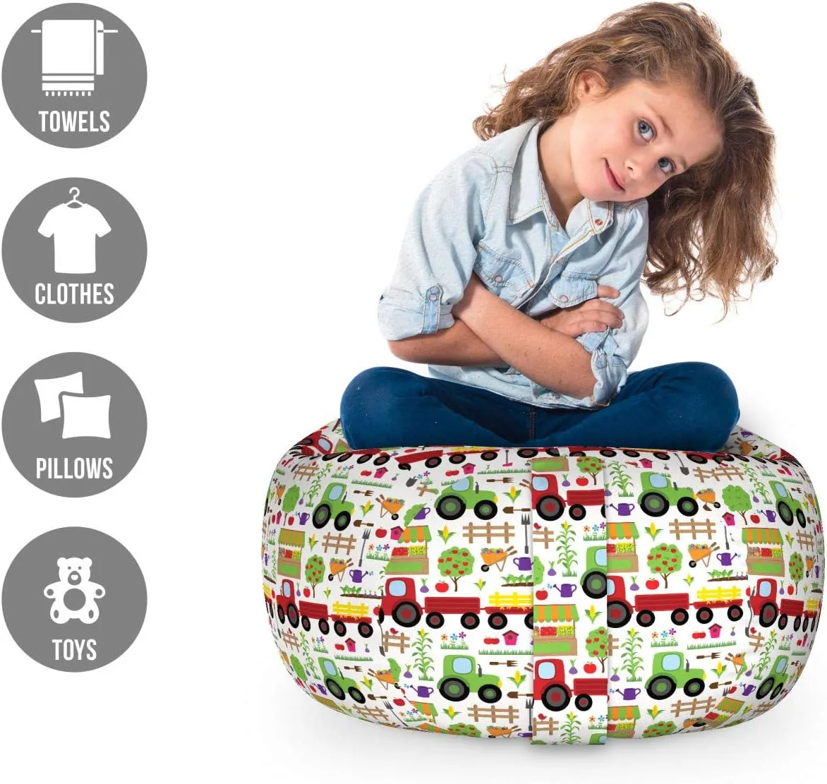 Lunarable Country Storage Toy Bag Chair, Gardening Farming Agriculture Rural Theme with Fence Tractor Tree Bird Vegetable, Stuffed Animal Organizer Washable Bag, Small Size, Green Red