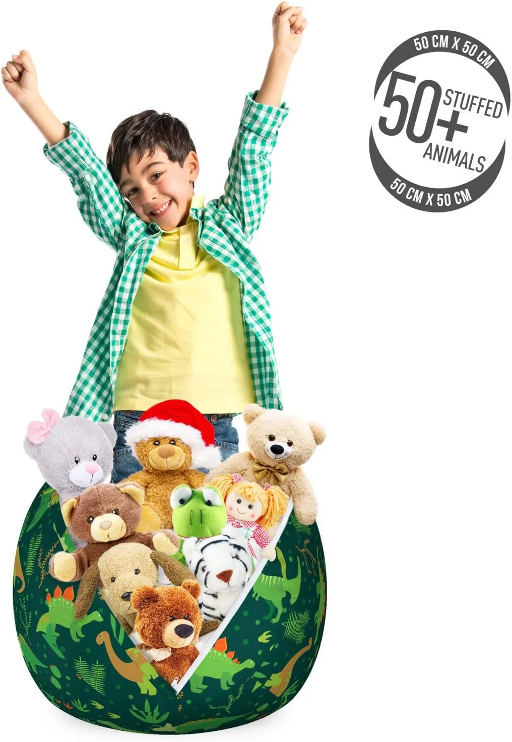 Lunarable Dinosaur Storage Toy Bag Chair, Prehistoric Jungle Cartoon Pattern with Various Dino Characters Green Dots Leaves, Stuffed Animal Organizer Washable Bag, Small Size, Fern Green