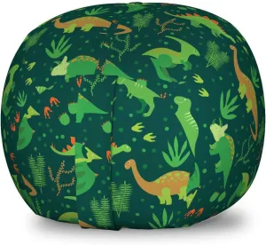Lunarable Dinosaur Storage Toy Bag Chair, Prehistoric Jungle Cartoon Pattern with Various Dino Characters Green Dots Leaves, Stuffed Animal Organizer Washable Bag, Small Size, Fern Green