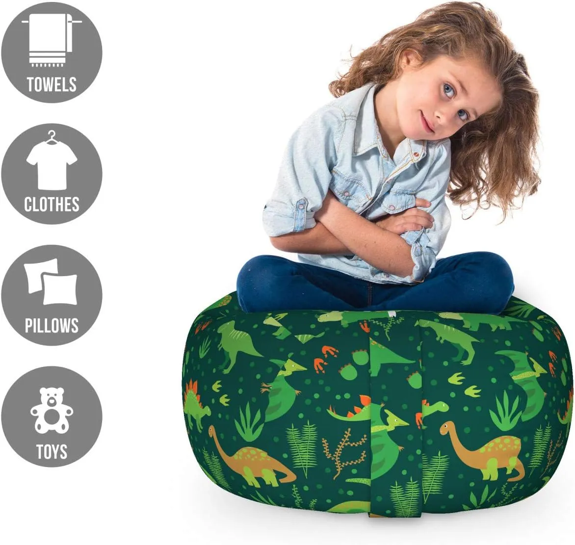 Lunarable Dinosaur Storage Toy Bag Chair, Prehistoric Jungle Cartoon Pattern with Various Dino Characters Green Dots Leaves, Stuffed Animal Organizer Washable Bag, Small Size, Fern Green