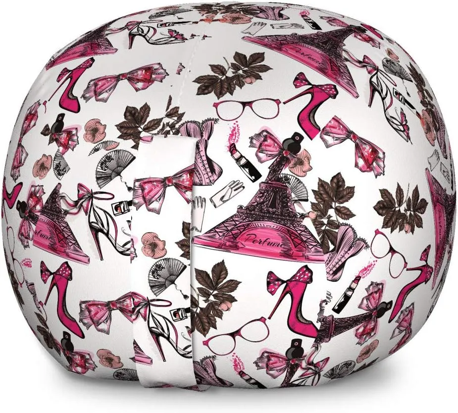 Lunarable France Storage Toy Bag Chair, Feminine Items for Beauty Perfume in Eiffel Tower Shoes Gloves Flower Print, Stuffed Animal Organizer Washable Bag, Large Size, Black Brown