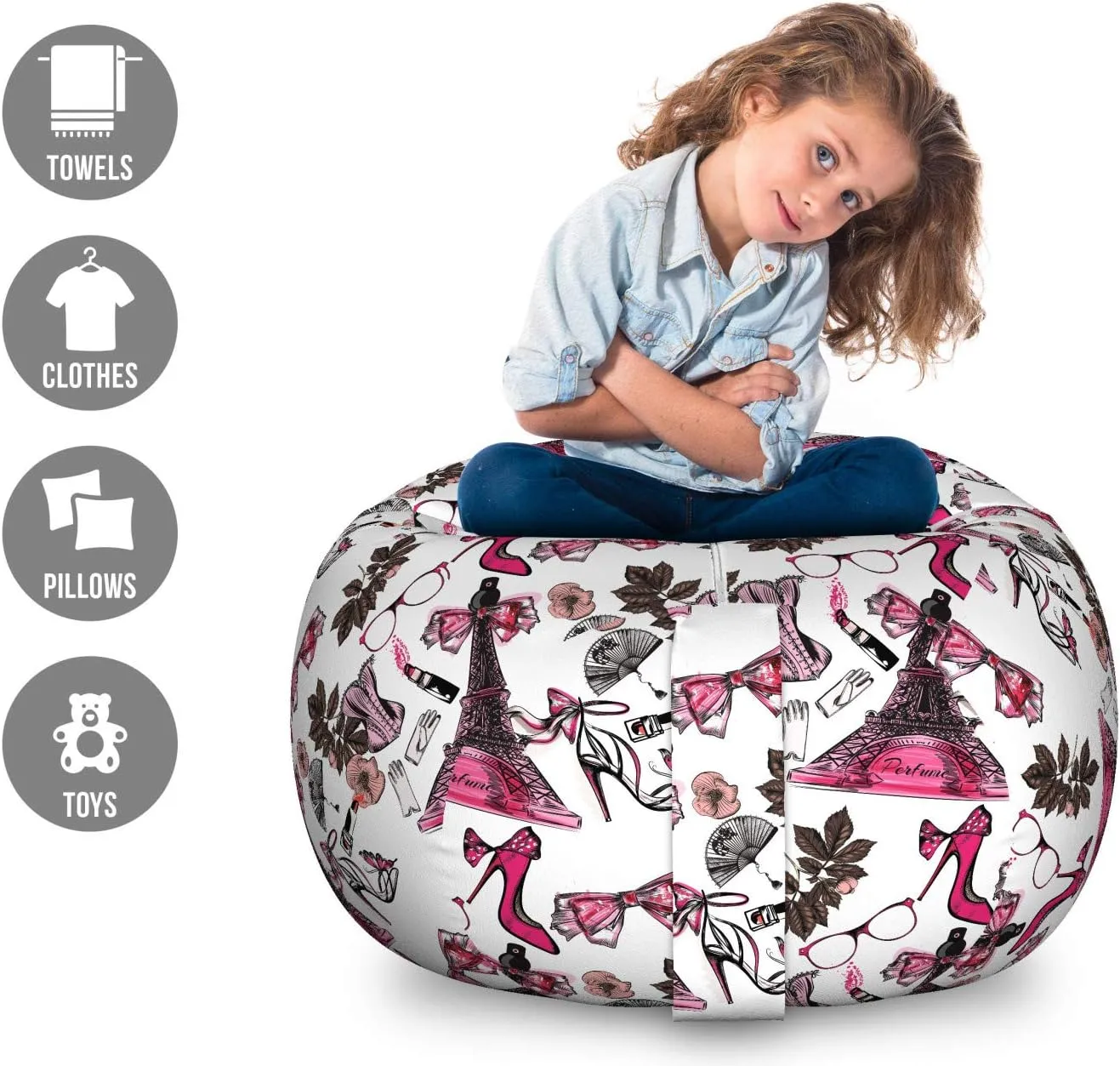 Lunarable France Storage Toy Bag Chair, Feminine Items for Beauty Perfume in Eiffel Tower Shoes Gloves Flower Print, Stuffed Animal Organizer Washable Bag, Large Size, Black Brown