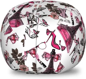 Lunarable France Storage Toy Bag Chair, Feminine Items for Beauty Perfume in Eiffel Tower Shoes Gloves Flower Print, Stuffed Animal Organizer Washable Bag, Small Size, Black Brown
