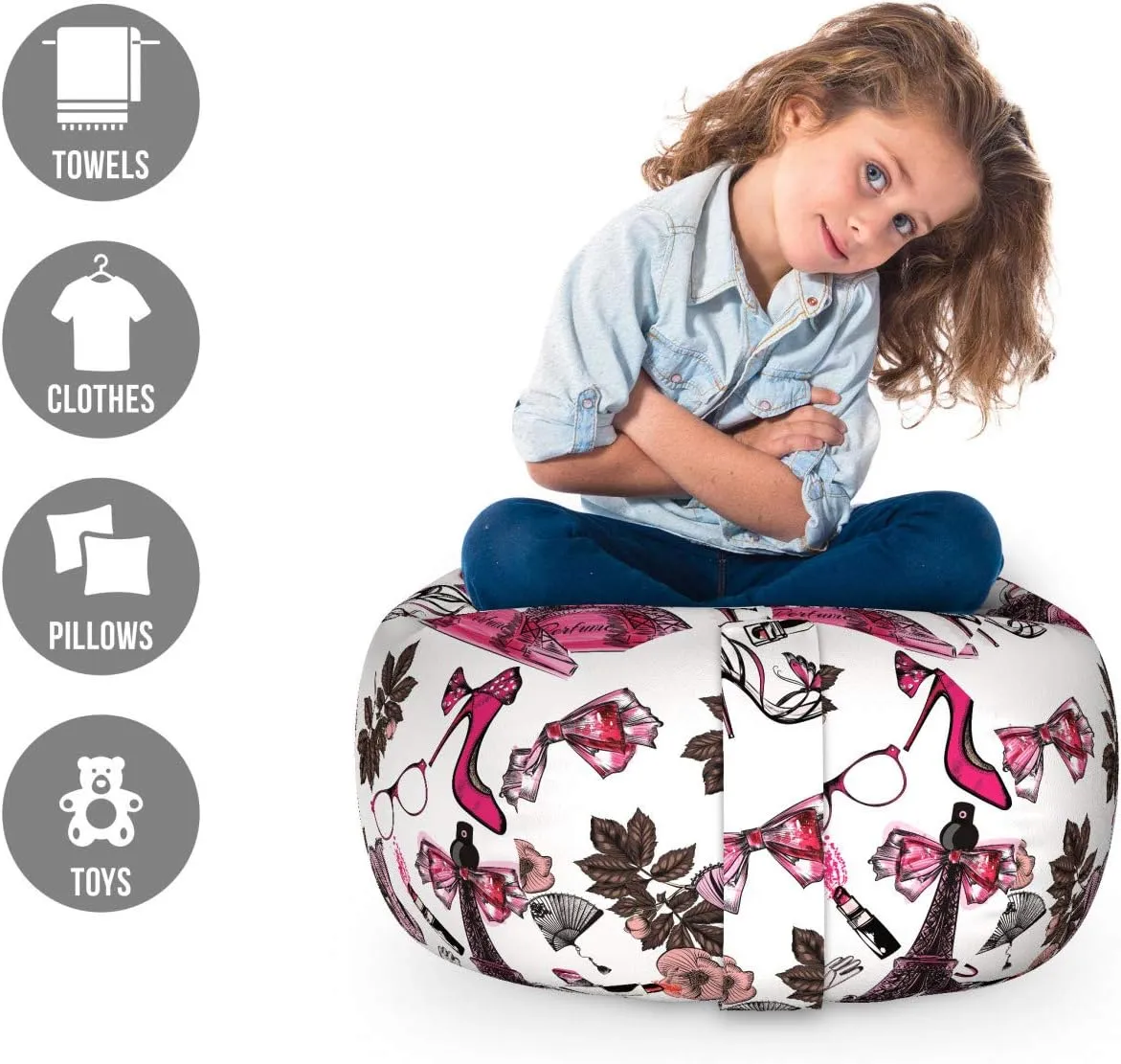Lunarable France Storage Toy Bag Chair, Feminine Items for Beauty Perfume in Eiffel Tower Shoes Gloves Flower Print, Stuffed Animal Organizer Washable Bag, Small Size, Black Brown
