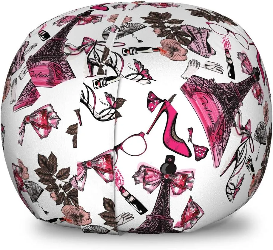 Lunarable France Storage Toy Bag Chair, Feminine Items for Beauty Perfume in Eiffel Tower Shoes Gloves Flower Print, Stuffed Animal Organizer Washable Bag, Small Size, Black Brown