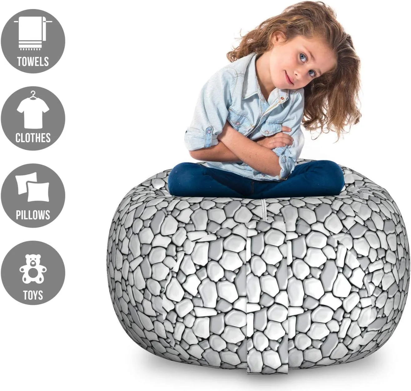Lunarable Grey and Black Storage Toy Bag Chair, Rubble Masonry Themed Graphic Pattern Little Pebble Stones Pavement, Stuffed Animal Organizer Washable Bag, Large Size, Pale Grey Black