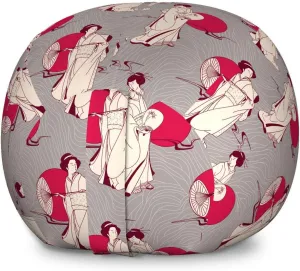 Lunarable Japanese Storage Toy Bag Chair, Geisha with Paper Umbrella and Hand Fan on a Greyscale Background, Stuffed Animal Organizer Washable Bag, Large Size, Beige Grey