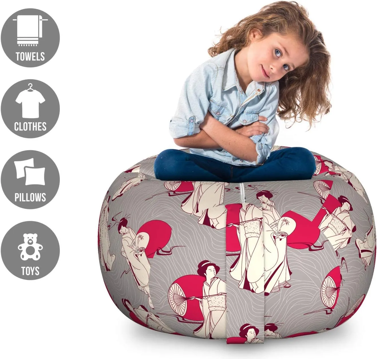Lunarable Japanese Storage Toy Bag Chair, Geisha with Paper Umbrella and Hand Fan on a Greyscale Background, Stuffed Animal Organizer Washable Bag, Large Size, Beige Grey