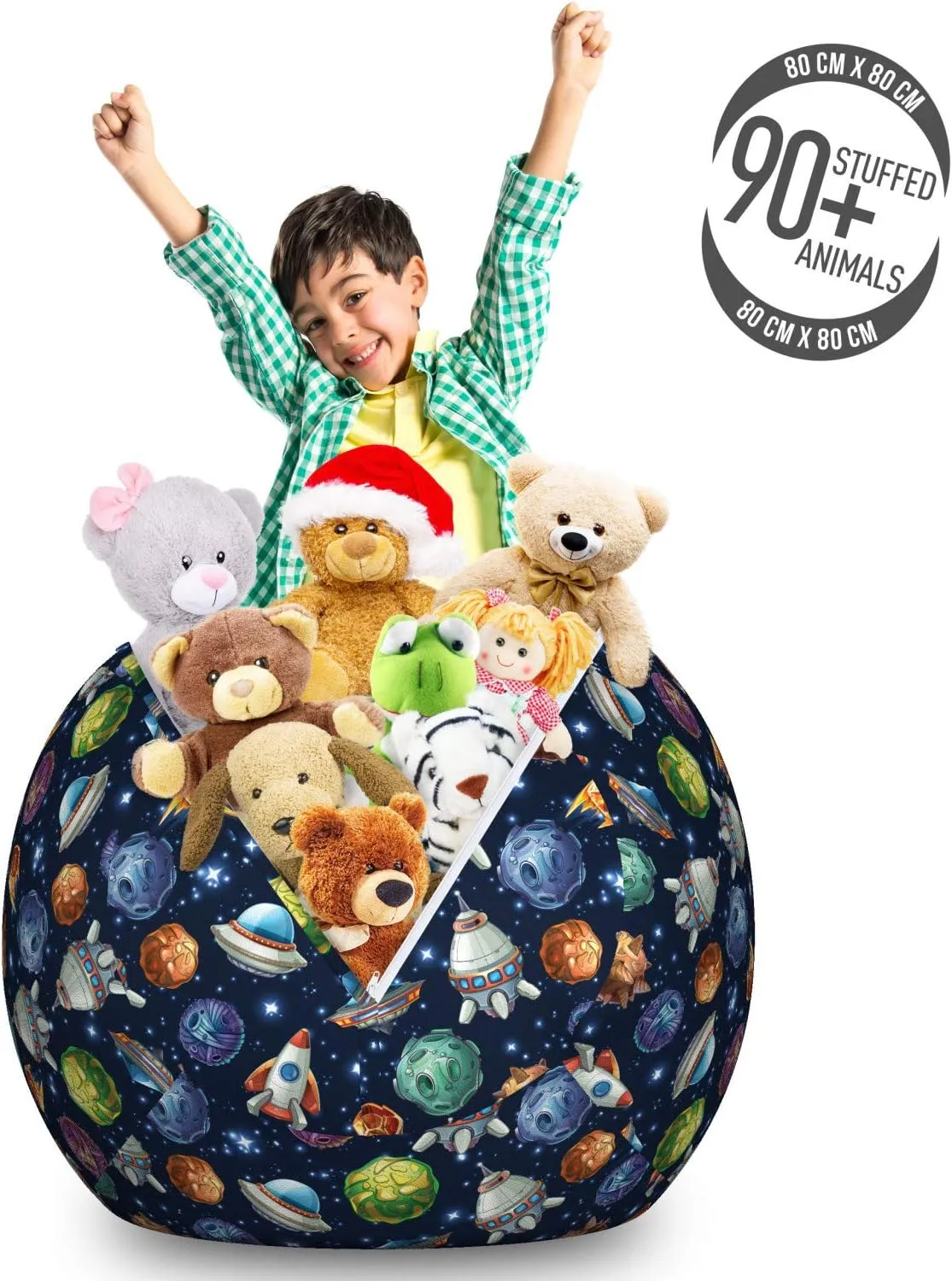 Lunarable Outer Space Storage Toy Bag Chair, Comic Style Cosmos Elements Alien Planets and Spaceships, Stuffed Animal Organizer Washable Bag, Large Size, Navy Blue