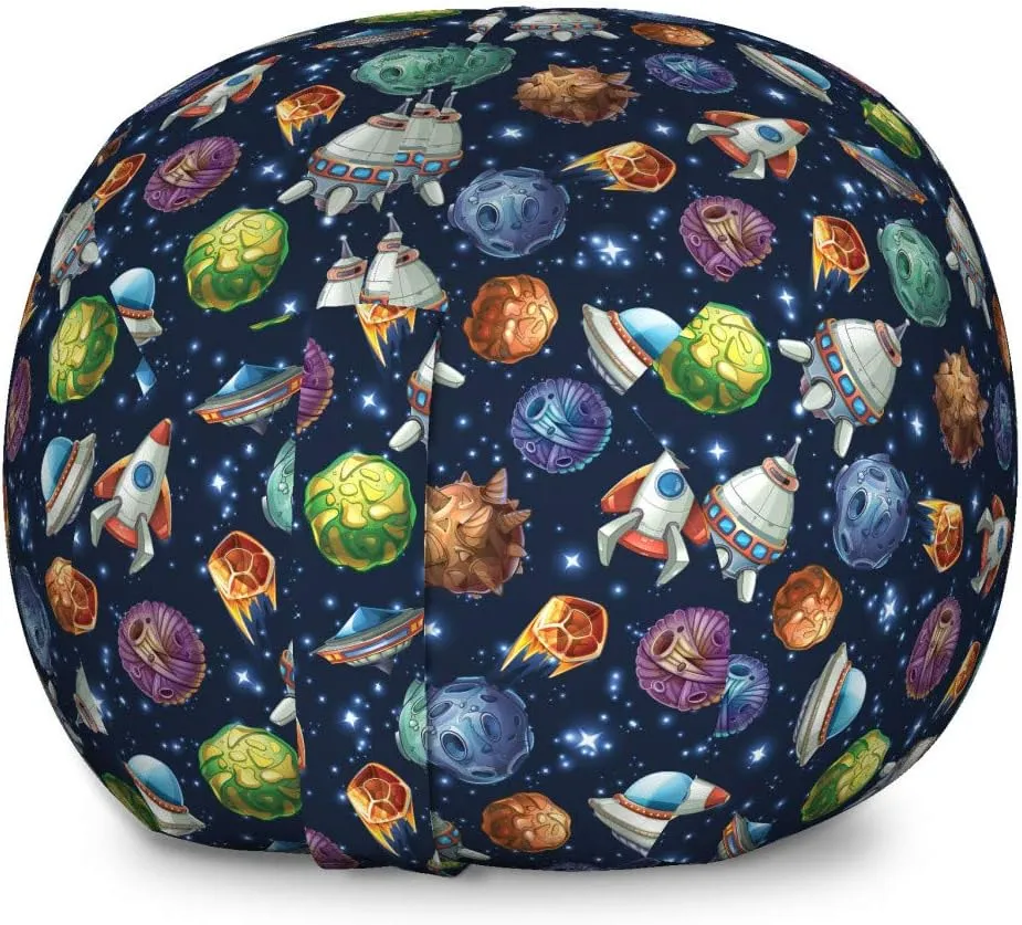Lunarable Outer Space Storage Toy Bag Chair, Comic Style Cosmos Elements Alien Planets and Spaceships, Stuffed Animal Organizer Washable Bag, Large Size, Navy Blue