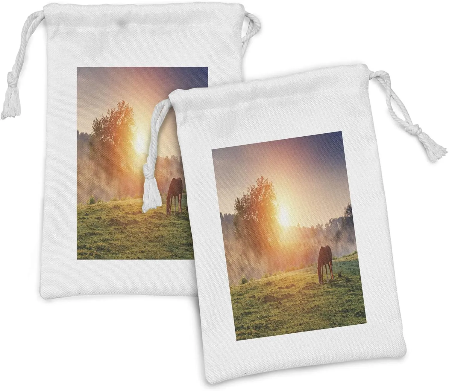 Lunarable Rustic Fabric Pouch Set of 2, Horses Grazing Pasture at Sundown in Sun Beams Carpathians Ukraine, Small Drawstring Bag for Toiletries Masks and Favors, 9" x 6", Amber Hunter Green