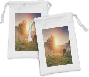 Lunarable Rustic Fabric Pouch Set of 2, Horses Grazing Pasture at Sundown in Sun Beams Carpathians Ukraine, Small Drawstring Bag for Toiletries Masks and Favors, 9" x 6", Amber Hunter Green