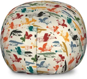 Lunarable Vintage Airplane Storage Toy Bag Chair, Colorful Aircraft Concept Silhouettes on Beige Background Aviation Theme, Stuffed Animal Organizer Washable Bag, Large Size, Beige Yellow