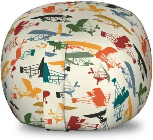 Lunarable Vintage Airplane Storage Toy Bag Chair, Colorful Aircraft Concept Silhouettes on Beige Background Aviation Theme, Stuffed Animal Organizer Washable Bag, Small Size, Beige Yellow