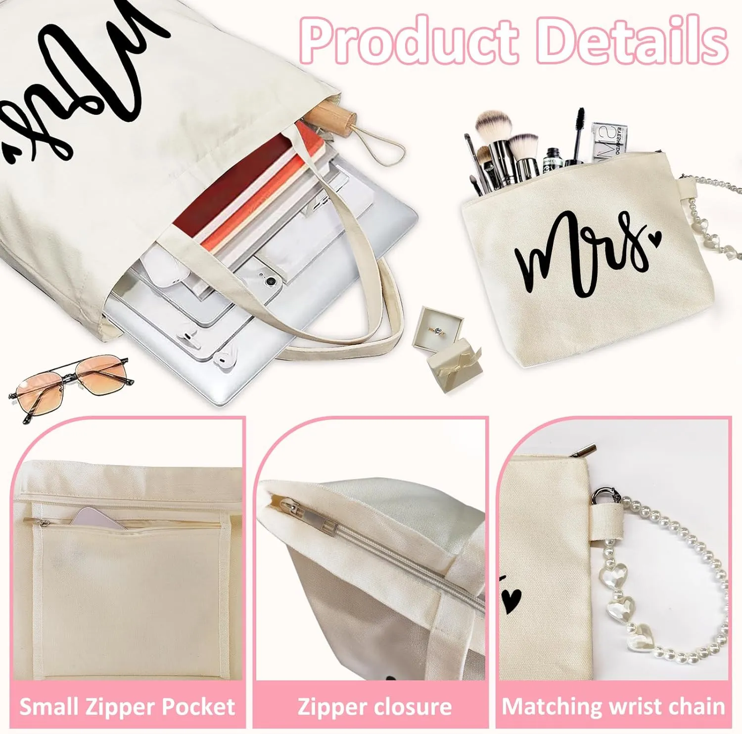 Lutto Canvas Bag with Zip Pocke - Wedding Engagement Bachelorette Birthday Mothers Day Gifts for Women