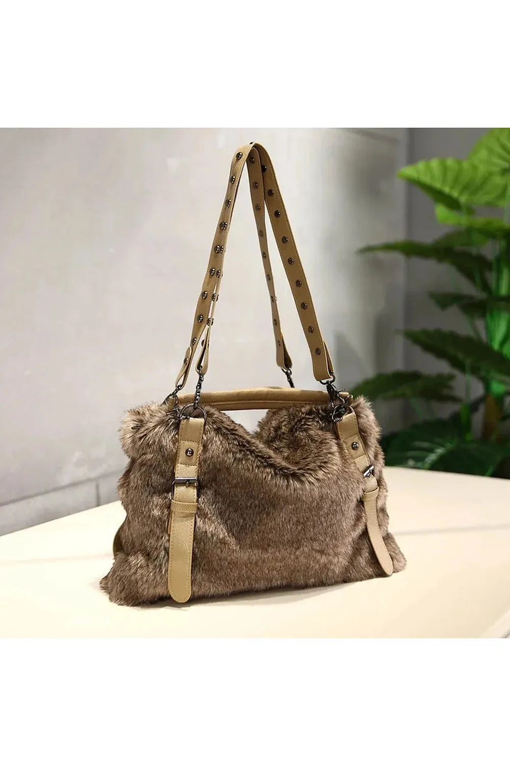 Luxe Faux Fur Studded Handbag