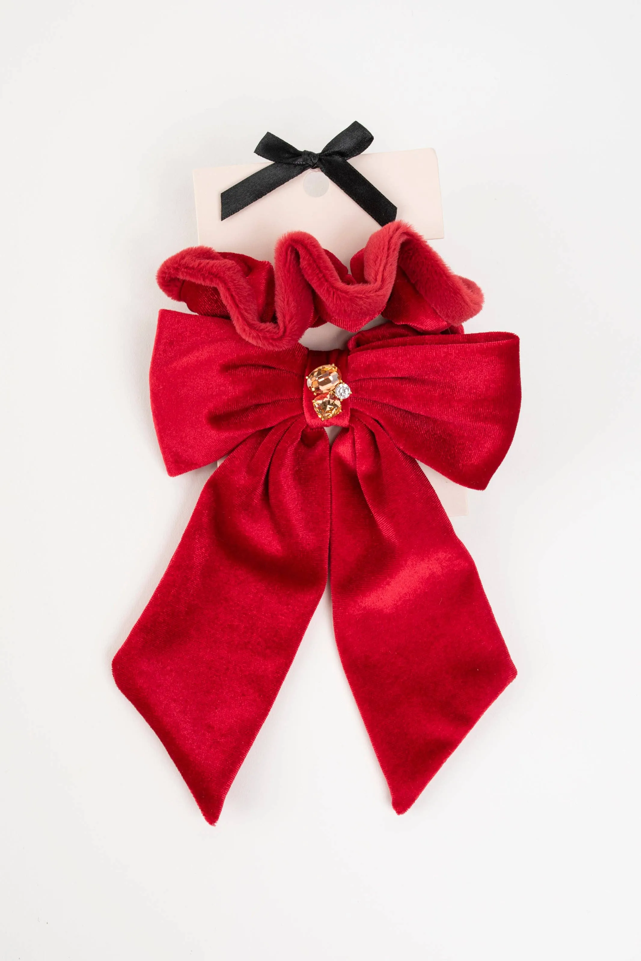 Lydia Velvet Bow Scrunchie Pair: Red