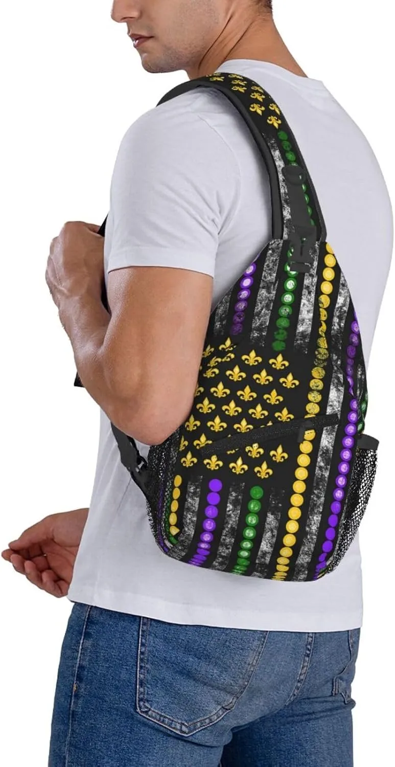 Mardi Gras American Flag Carnival Celebration Sling Bag Crossbody Bag Casual Chest Bags Travel Shoulder Backpack