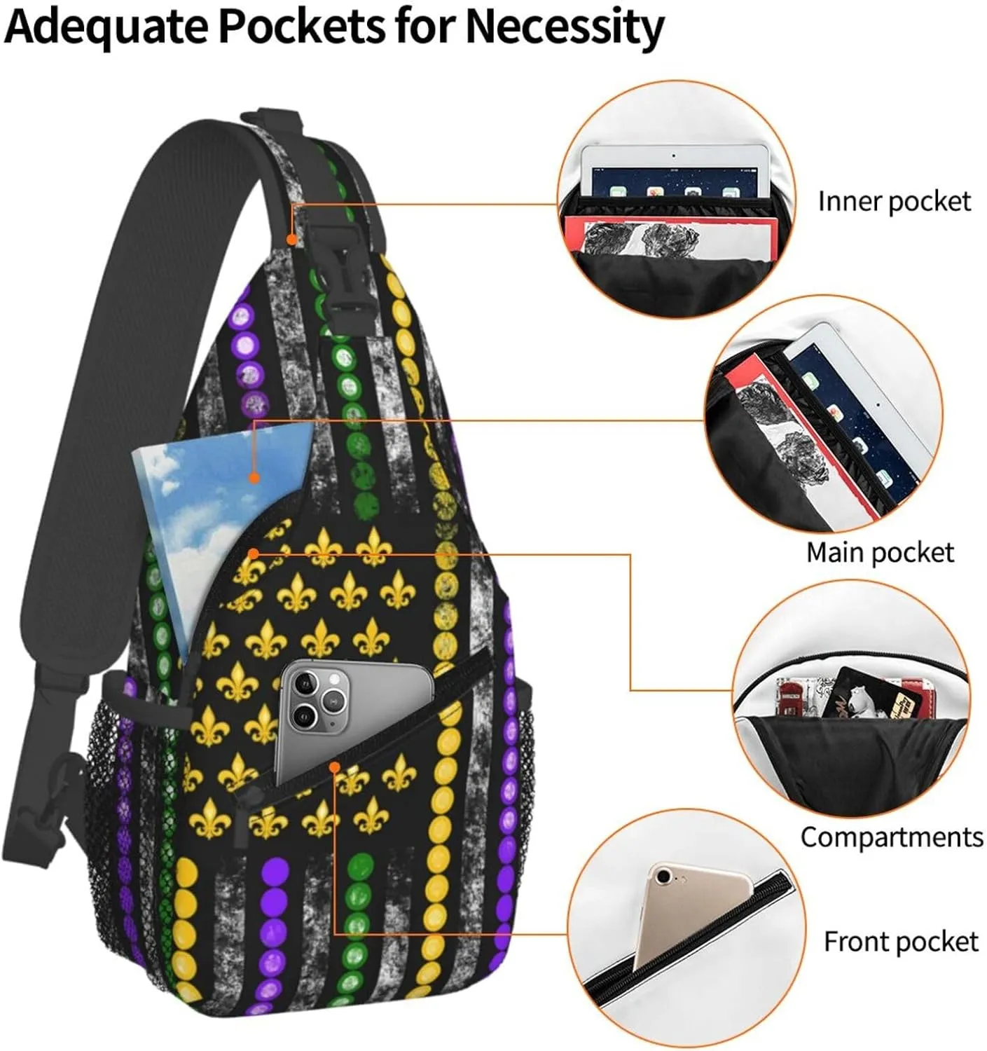 Mardi Gras American Flag Carnival Celebration Sling Bag Crossbody Bag Casual Chest Bags Travel Shoulder Backpack
