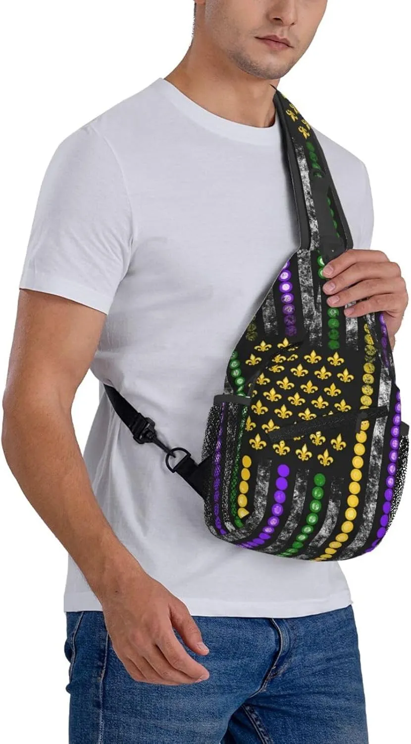 Mardi Gras American Flag Carnival Celebration Sling Bag Crossbody Bag Casual Chest Bags Travel Shoulder Backpack