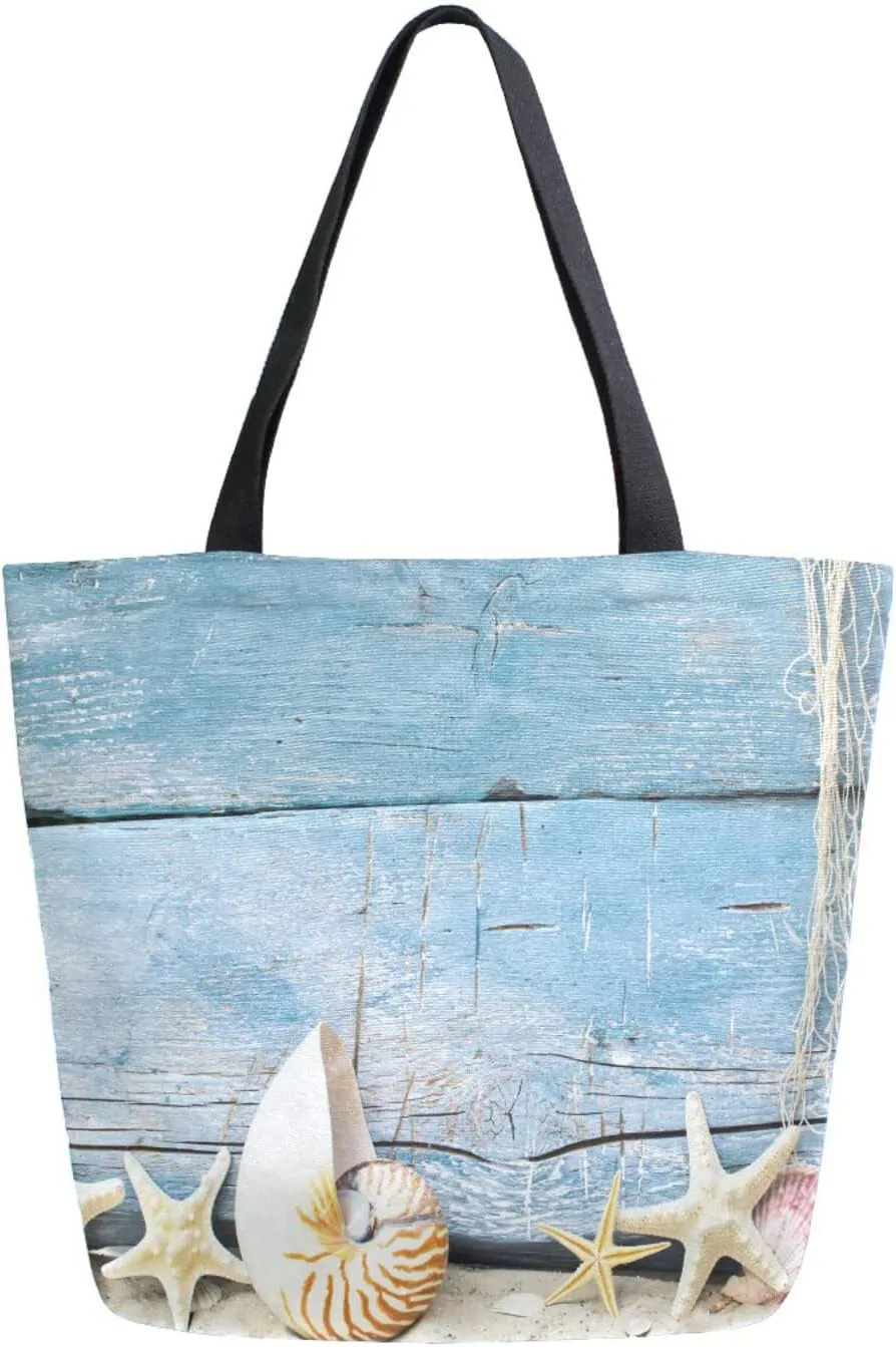 Maritime Beach Seashell Canvas Tote Bag Holidays Rustic Blue Wood Women Shoulder Bag Reusable Grocery Bags Large Handbag Travel Shopping Bag for School Nursing Gift Outdoors