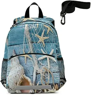 Maritime Souvenir Beach Seashell Child Backpack with Safety Leash Harness for Toddlers Rustic Blue Wood Starfish Kindergarten Schoolbag Preschool Nursery Travel Bag for Kids Boys Girls 3-8 Years