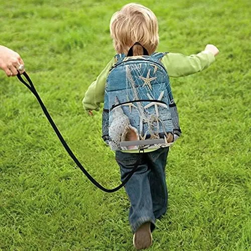 Maritime Souvenir Beach Seashell Child Backpack with Safety Leash Harness for Toddlers Rustic Blue Wood Starfish Kindergarten Schoolbag Preschool Nursery Travel Bag for Kids Boys Girls 3-8 Years