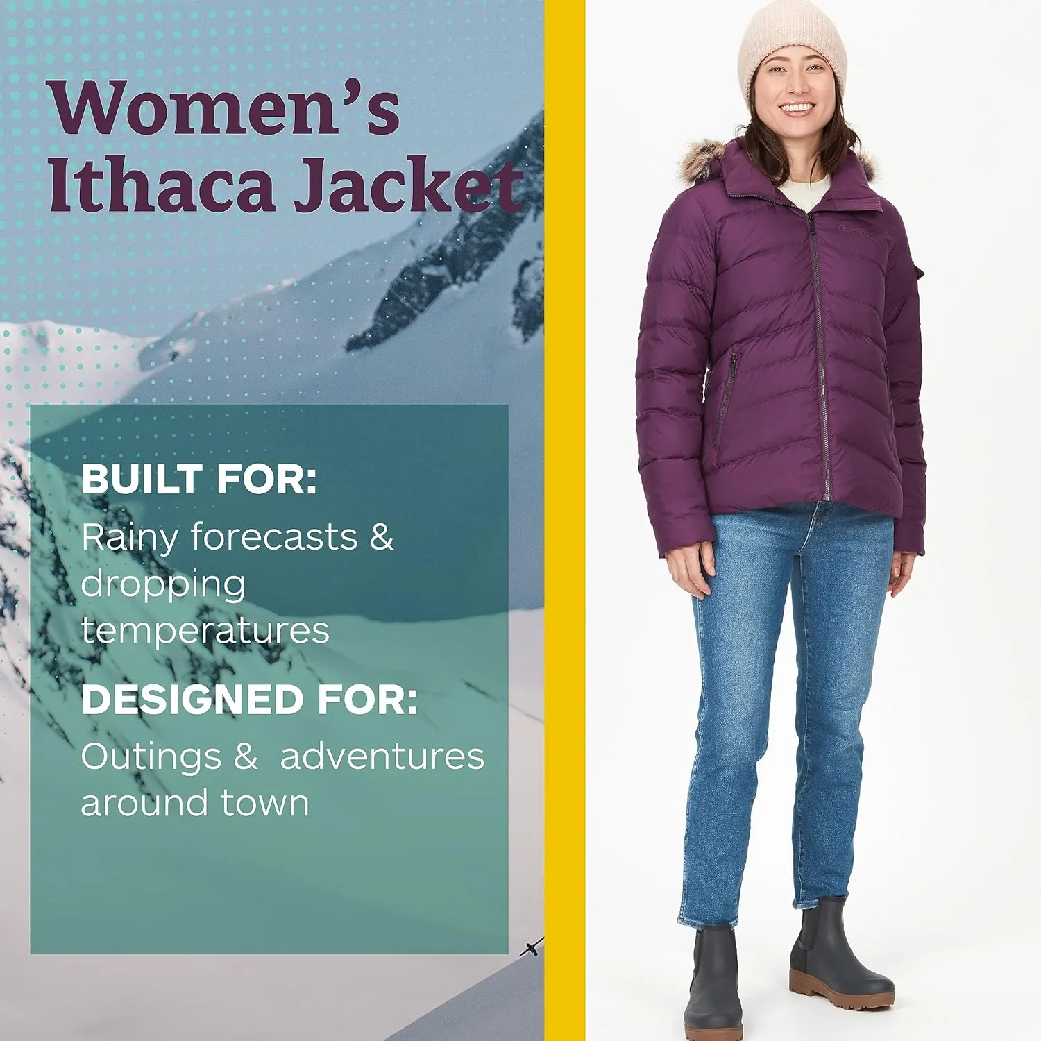 MARMOT Women's Ithaca Jacket - 700-Fill Down-Insulated, Water-Resistant Coat with Zip-Off Hood and Removable Fur Ruff