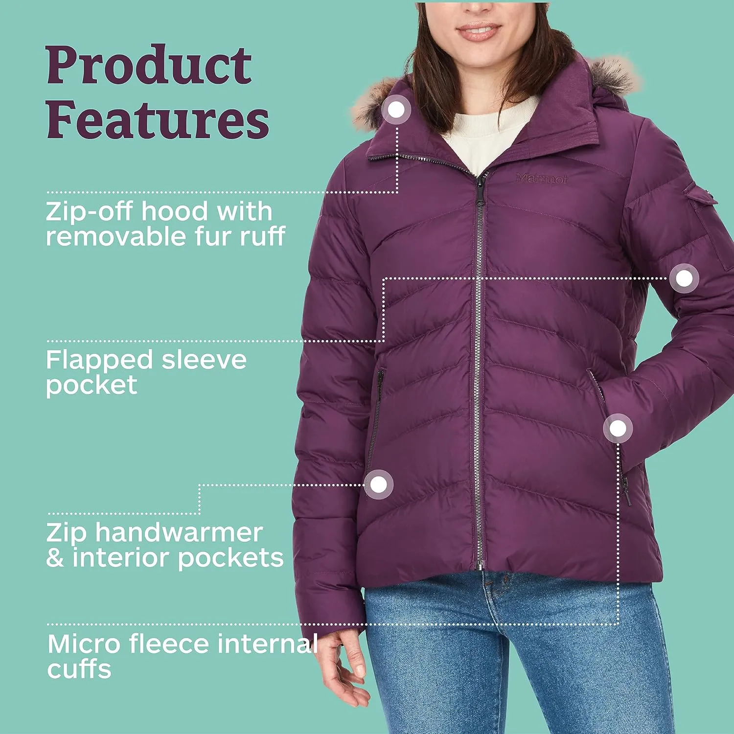 MARMOT Women's Ithaca Jacket - 700-Fill Down-Insulated, Water-Resistant Coat with Zip-Off Hood and Removable Fur Ruff