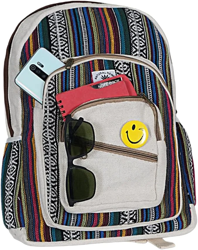 Marubhumi Natural Himalayan Hemp Backpack: Large, multi-pocket canvas travel laptop backpack; casual hippie daypack bag fits 15.6-inch notebook; lightweight backpack for women