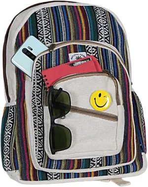 Marubhumi Natural Himalayan Hemp Backpack: Large, multi-pocket canvas travel laptop backpack; casual hippie daypack bag fits 15.6-inch notebook; lightweight backpack for women