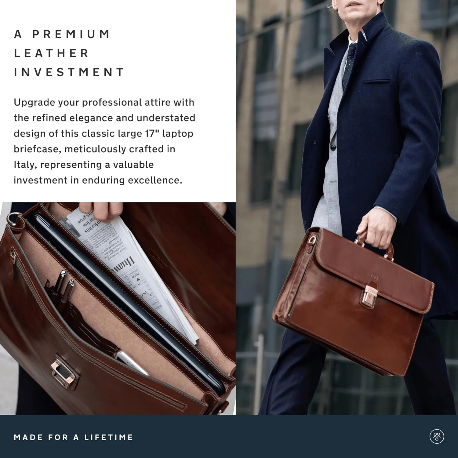 Maxwell Scott - Mens Luxury Leather 16" 17" Laptop Business Briefcase and Shoulder Strap - The Paolo Large