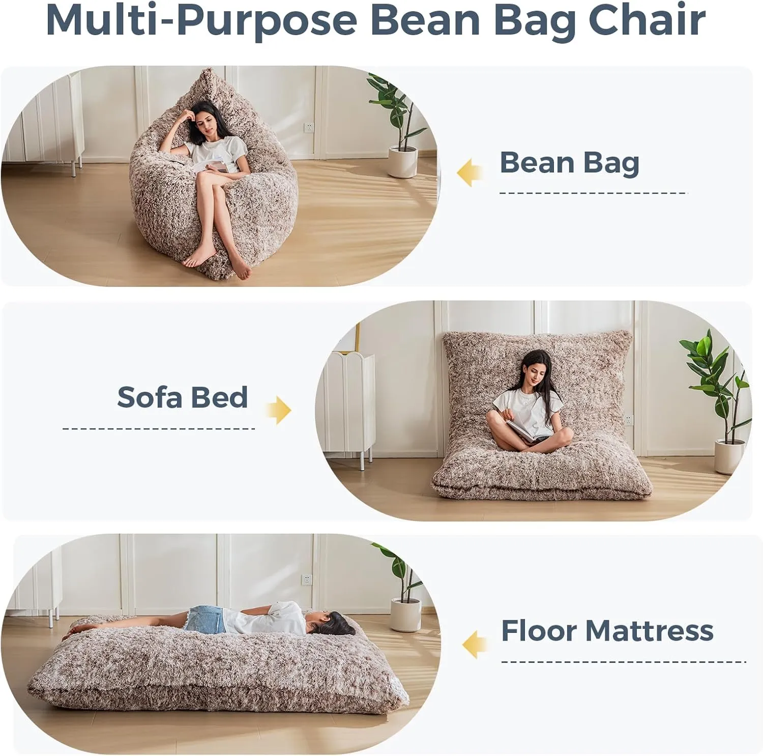 MAXYOYO 3 in 1 Bean Bag Chair, Giant Bean Bag Sofa Bed, Floor Mattress with High-Density Foam Filling, Bean Bag Chair for Adult Full Size