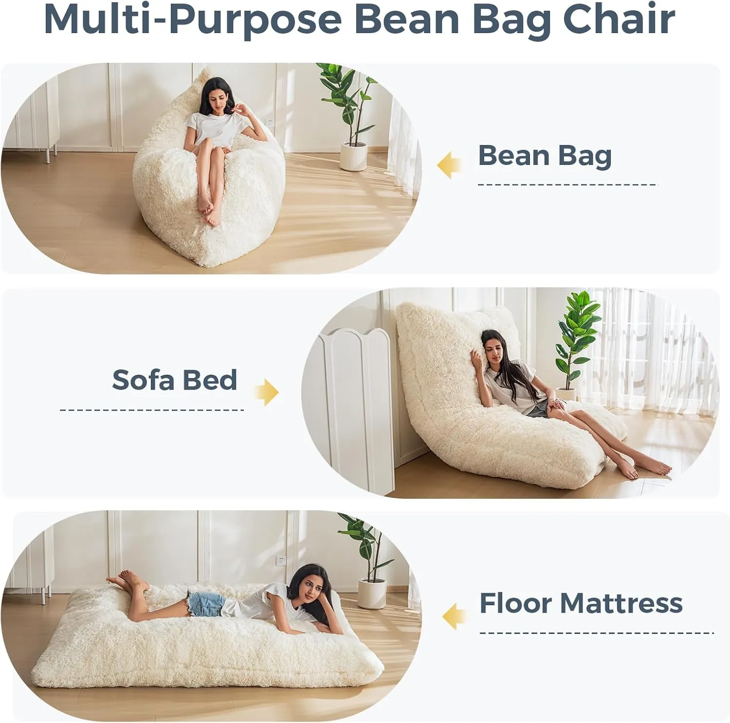 MAXYOYO 3 in 1 Bean Bag Chair, Giant Bean Bag Sofa Bed, Floor Mattress with High-Density Foam Filling, Bean Bag Chair for Adult