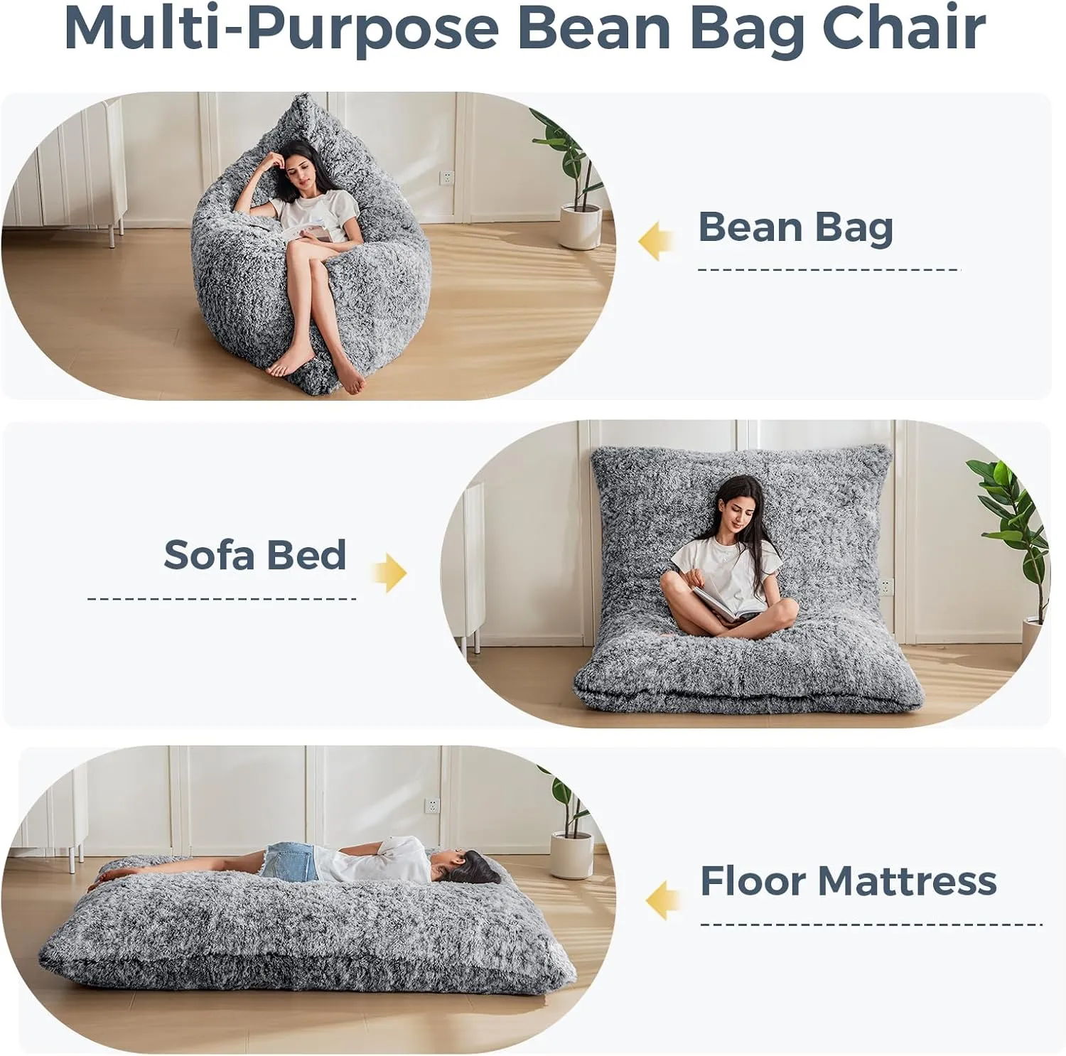 MAXYOYO 3 in 1 Bean Bag Chair, Giant Bean Bag Sofa Bed, Floor Mattress with High-Density Foam Filling, Bean Bag Chair for Adult