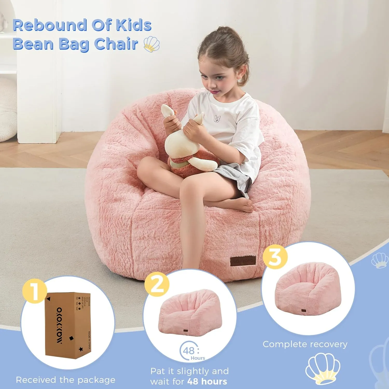 MAXYOYO Bean Bag Chair for Kids, Shell Shaped Bean Bag Couch for Boys and Girls, Toddler Chair Bean Bag Sofa for Playroom, Nursery Room, Pink