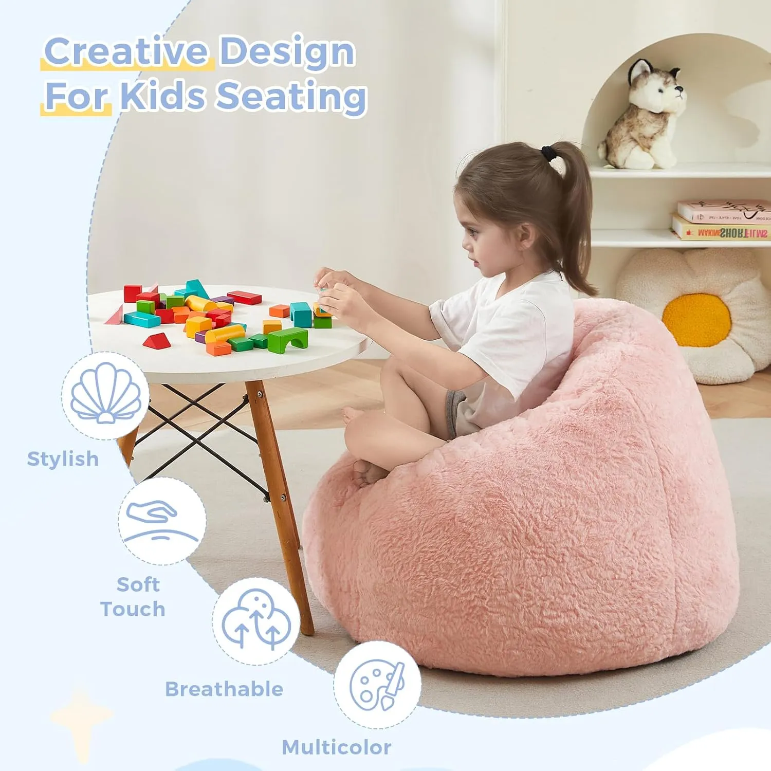 MAXYOYO Bean Bag Chair for Kids, Shell Shaped Bean Bag Couch for Boys and Girls, Toddler Chair Bean Bag Sofa for Playroom, Nursery Room, Pink