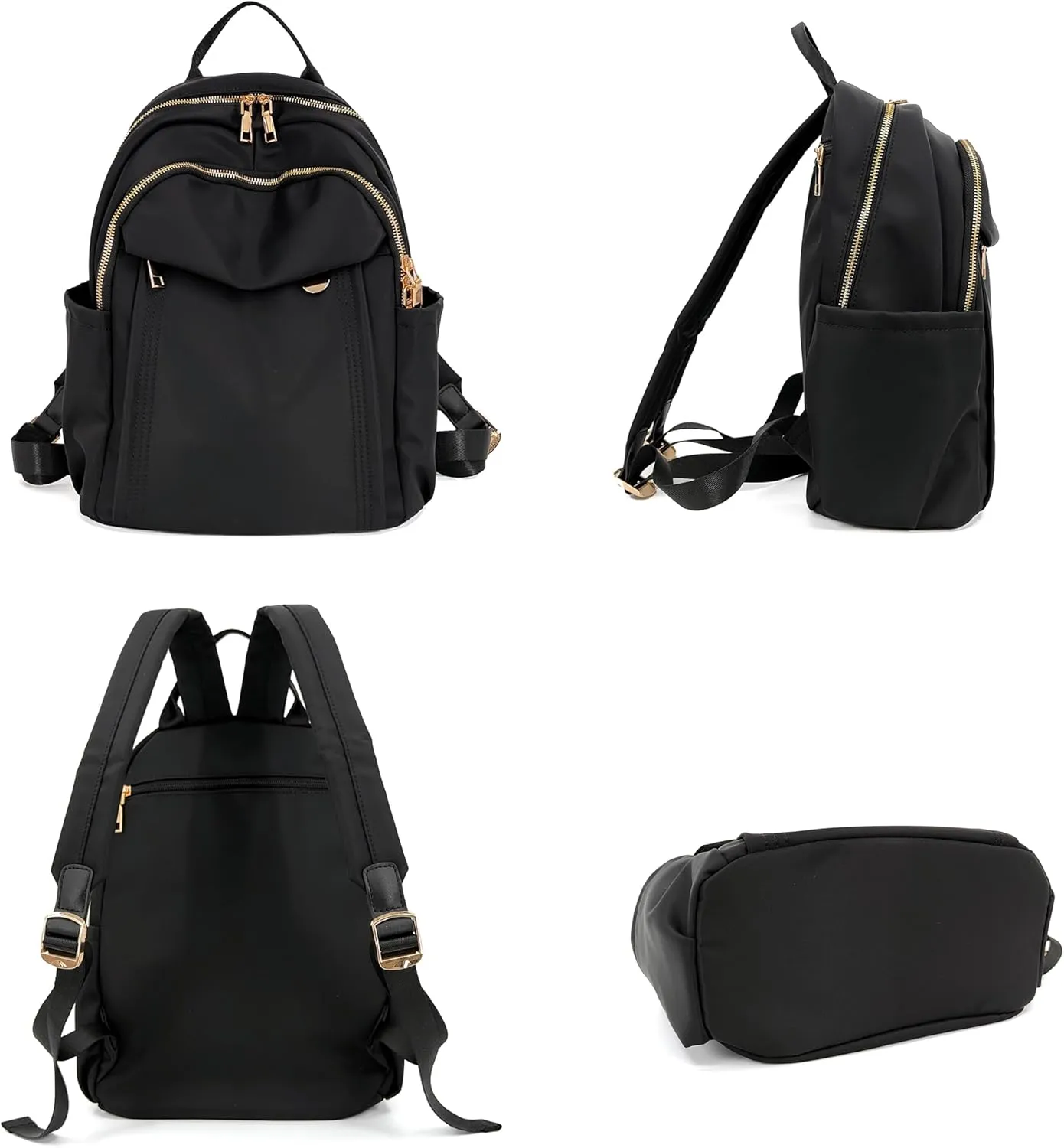 Medium Nylon Backpacks for Women, Trendy Gold-Tone Hardware Everyday Backpack Purses, Casual Lightweight Water-Resistant Rucksack Daypack Travel Bags (Black)