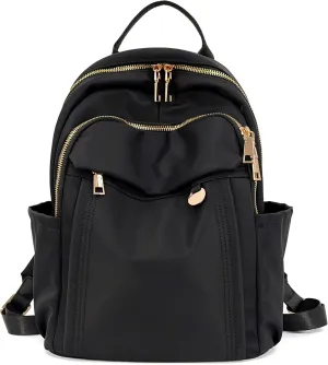 Medium Nylon Backpacks for Women, Trendy Gold-Tone Hardware Everyday Backpack Purses, Casual Lightweight Water-Resistant Rucksack Daypack Travel Bags (Black)