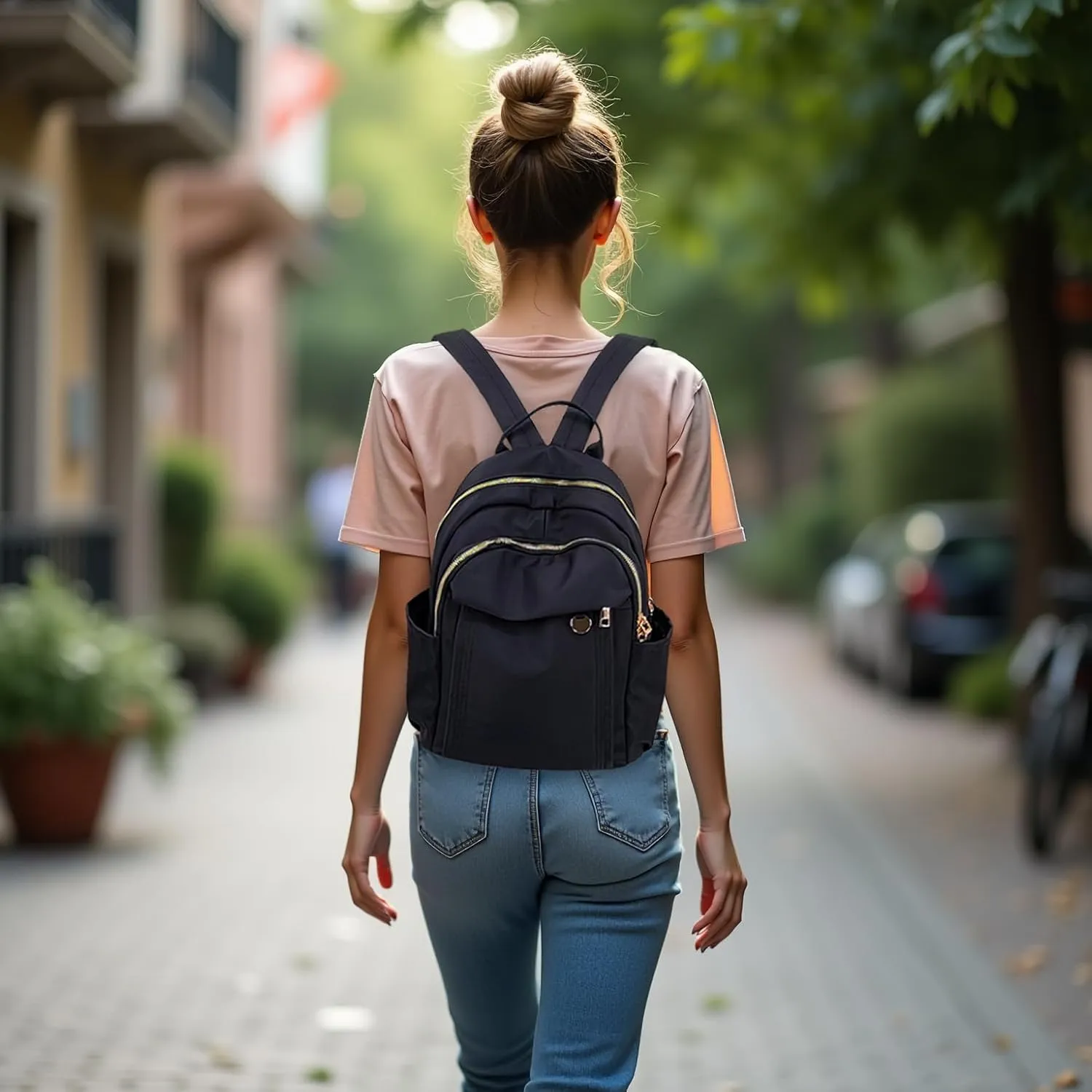 Medium Nylon Backpacks for Women, Trendy Gold-Tone Hardware Everyday Backpack Purses, Casual Lightweight Water-Resistant Rucksack Daypack Travel Bags (Black)