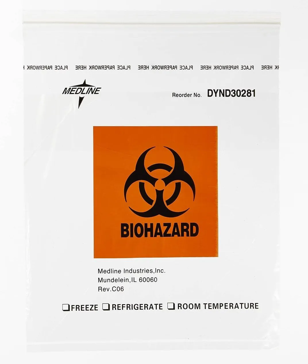 Medline Biohazard Specimen Bags, Plastic Zip-Style Clear, Not Made From Natural Rubber Latex, 12" x 15", Pack of 500