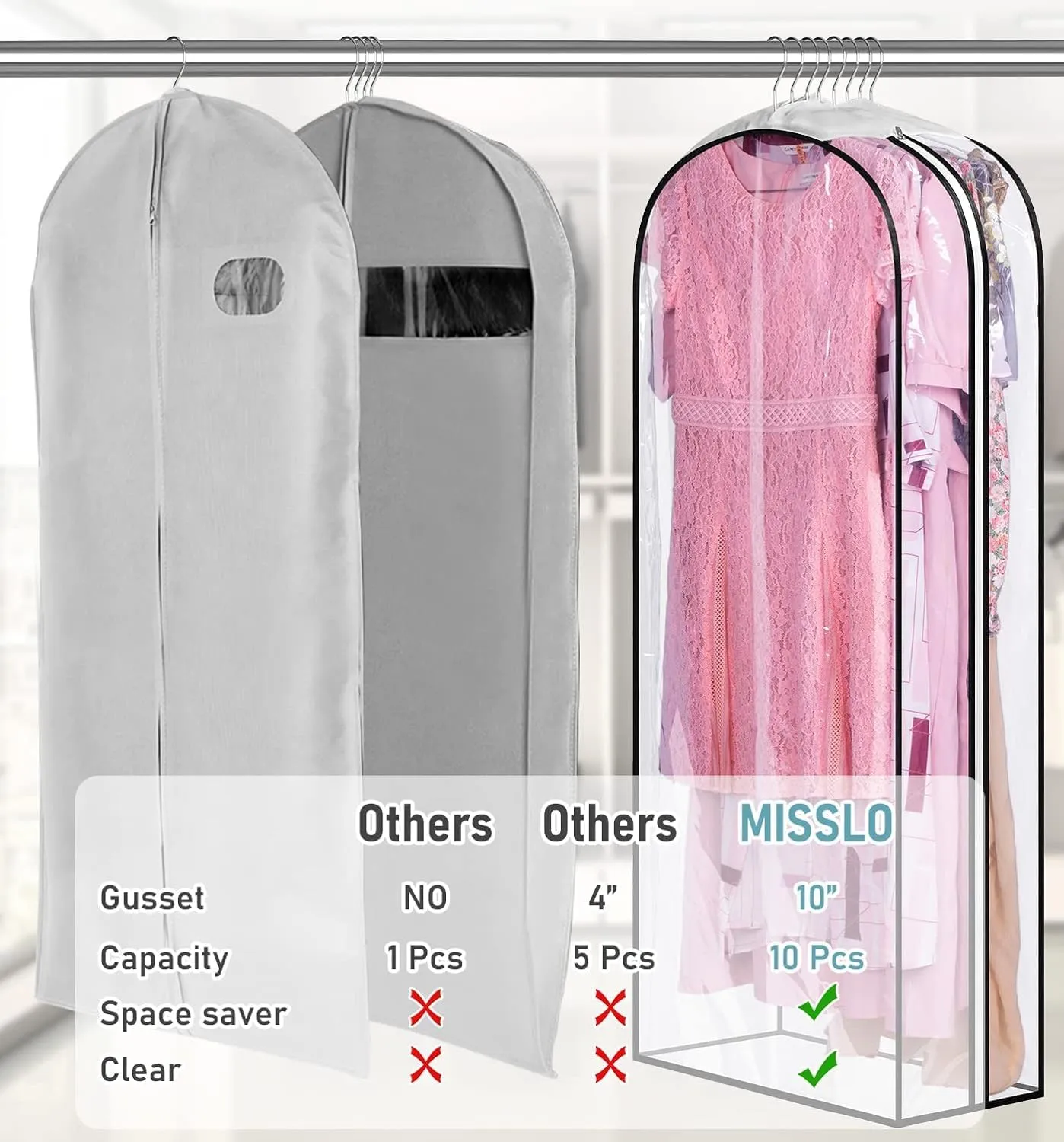 MISSLO 10" Gusseted All Clear Garment Bags for Hanging Clothes 50" Dress Bags for Closet Storage Coat Protectors for Suits, Gowns, 3 Packs